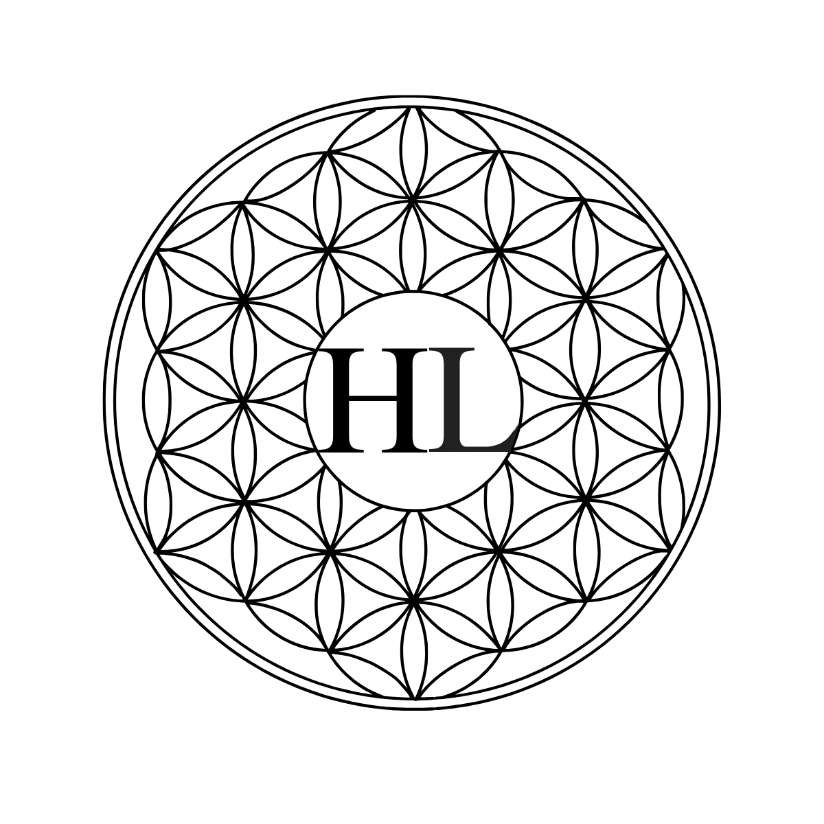 Schwarzes HerzLicht-Logo mit Buchstaben "L" in der Mitte.
